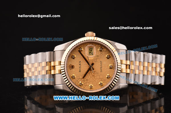 Rolex Datejust Original Swiss Original ETA 2836 Automatic Two Tone Case/Strap with Gold Jubilee Dial and Diamond Markers - Click Image to Close